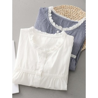<![CDATA[Áo sơ mi nữ sợi cotton cao cấp, phong cách đại học, cổ tròn tay ngắn]]>