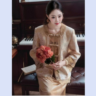 Bộ váy hai mảnh kiểu Trung Hoa cao cấp: áo khoác ren thêu jacquard dày dặn và chân váy ngắn cho Nữ
