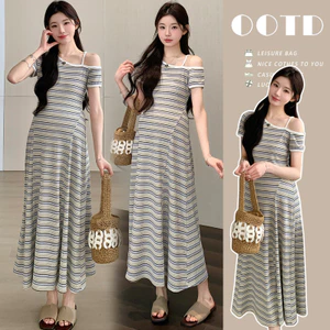 Đầm bầu cắt vai sọc màu sắc thời thượng cho mẹ bầu mùa hè