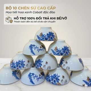 (Đền vỡ 100%) Bộ 10 Chén Sứ Ăn Cơm Họa Tiết Sang Trọng Đường Kính 11.5Cm, Bát Sứ Chén Sứ - Phương Trang