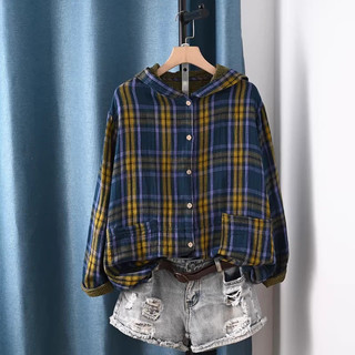 Plus Size Áo sơ mi kẻ sọc 100% cotton thời trang Nhật Bản có mũ trùm đầu