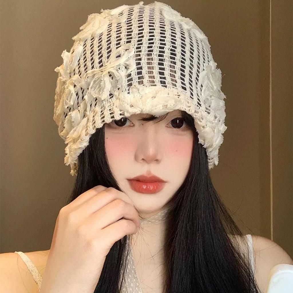 Mũ nồi ren rỗng họa tiết hoa ngọt ngào, chất liệu len mềm mại co giãn - Phù hợp thời trang hàng ngày và chụp ảnh