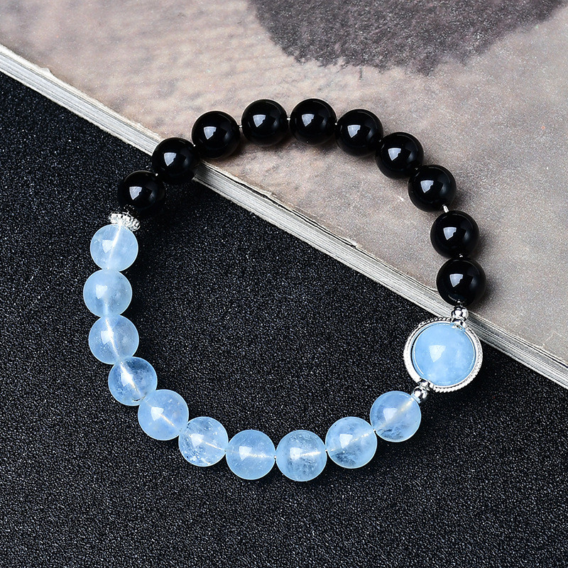 Vòng tay xếp chồng lên nhau obsidian và aquamarine tự nhiên