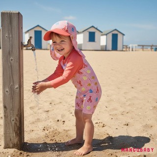 MG-Toddler Boy Rash Guard Đồ bơi in tôm Tay dài Dây kéo phía trước Bộ đồ tắm sọc có mũ