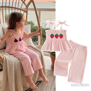 Bộ trang phục mùa hè cho bé gái 6M-5Y Bọ rùa / Áo thêu dâu tây + Bộ quần dài lưng co giãn
