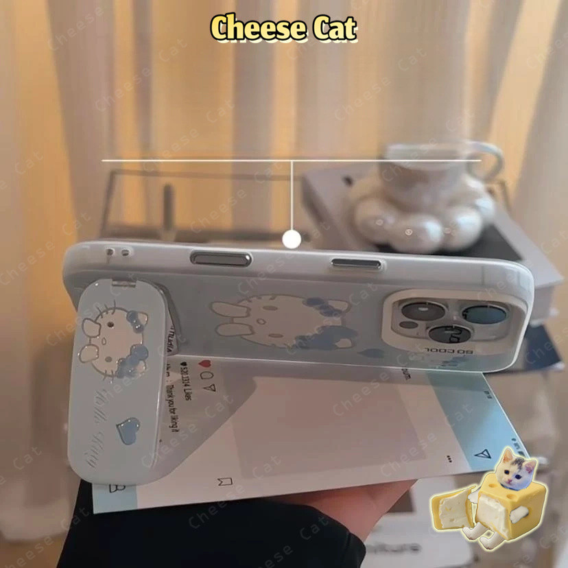 Ốp lưng iPhone màu xanh hồng Kitty có gương Giá đỡ điện thoại cho iPhone 13 14 15 12 11 16 17 Pro Max 16E Xs Max XR 7