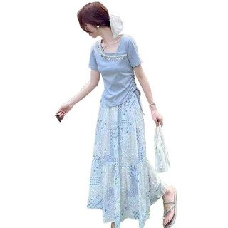 Bộ Váy Nữ mùa hè mới siêu thời trang gồm áo ngắn tay và chân váy in thanh lịch trẻ trung mùa hè