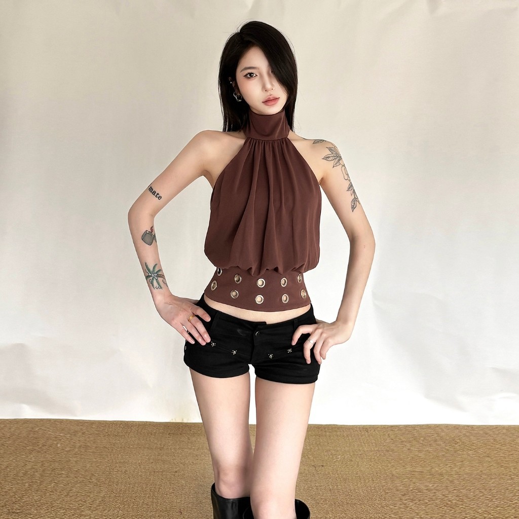 Cutên New Áo Vest nữ thiết kế dây lưng eo rỗng, phong cách vintage Mỹ mùa hè