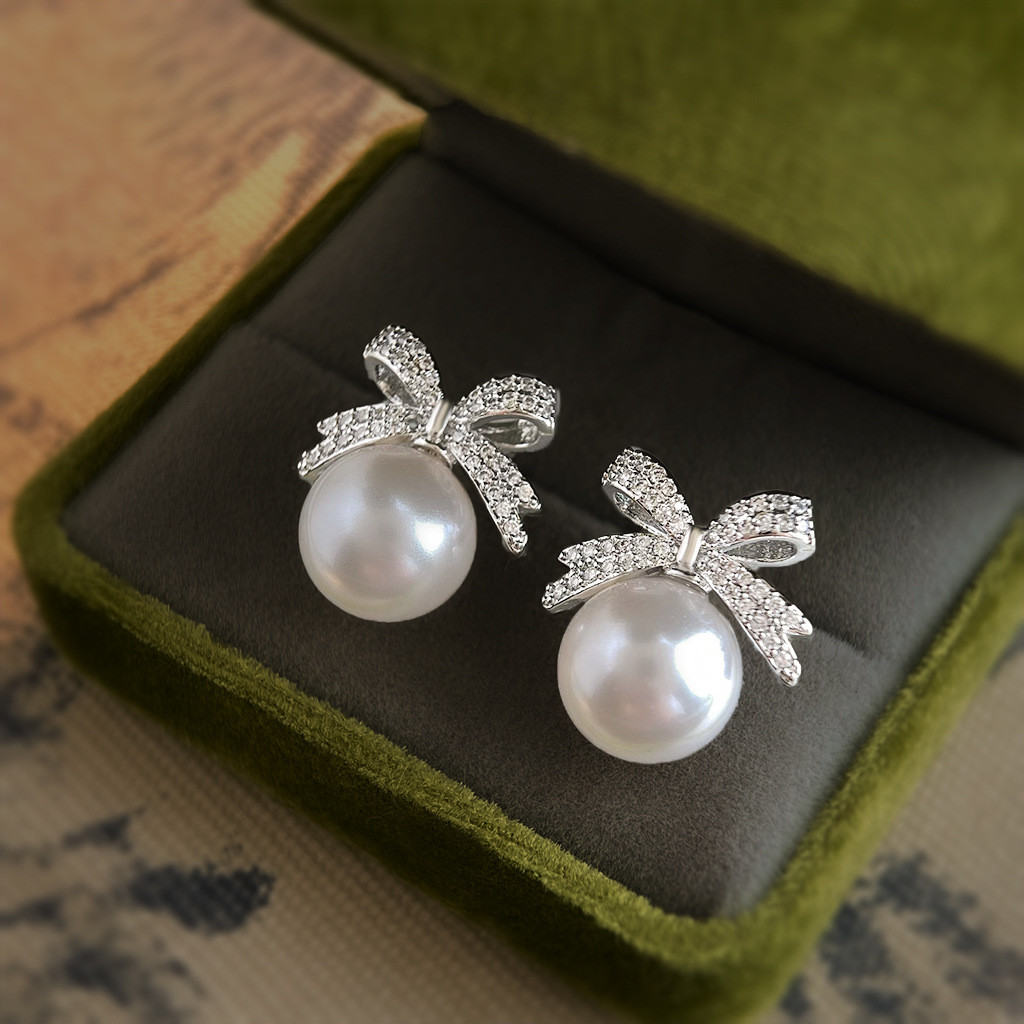 Bông Tai Zircon Micro-Ind Crystal và Pearl bạc 925, Finish Kim ánh Sáng, Style Hàn Quốc, Elegant