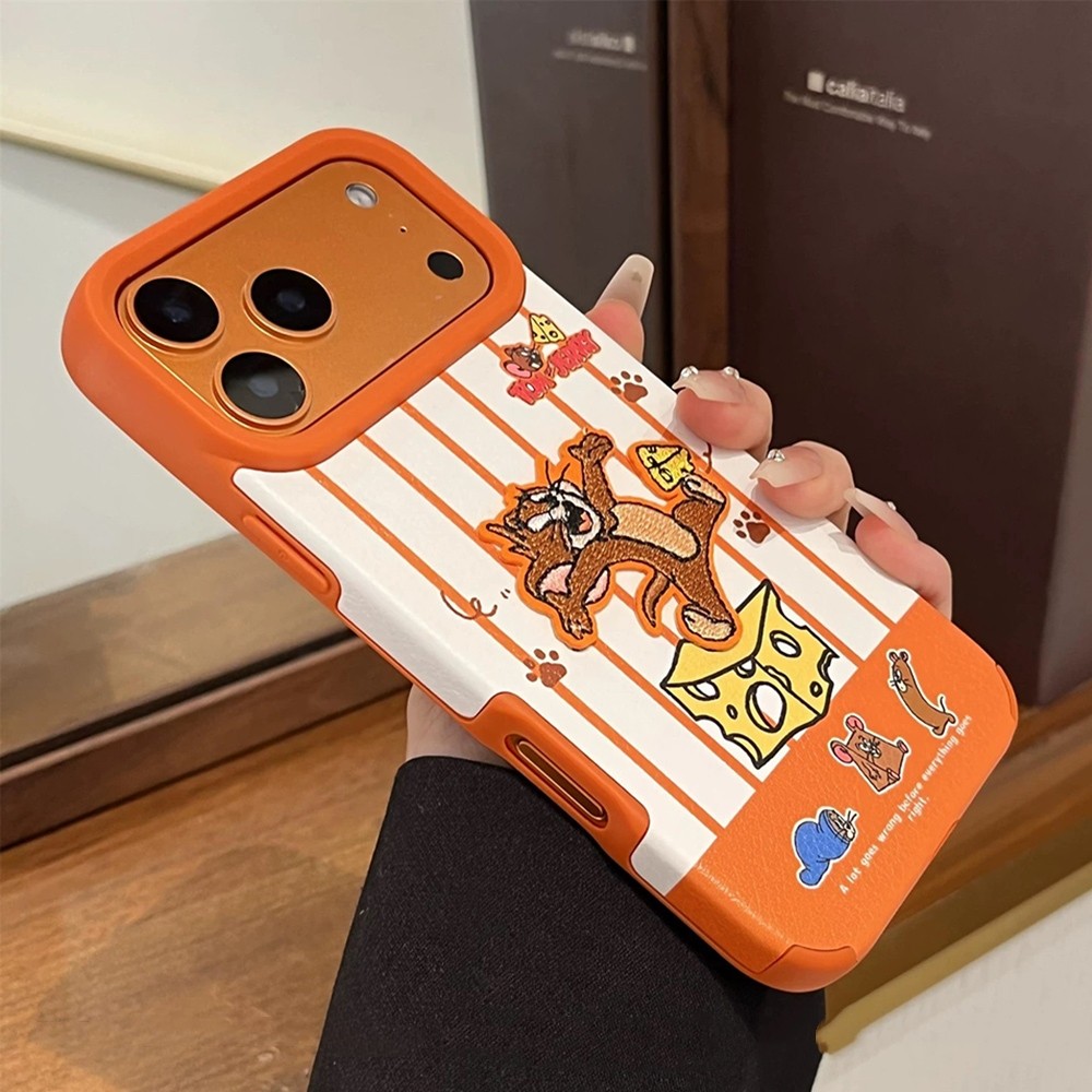 3D Thêu Chuột Mèo Sọc Cam Da Điện Thoại Cho iPhone 17 Pro Max 16 15 14 13 12 Vỏ Bảo Vệ Chống Sốc