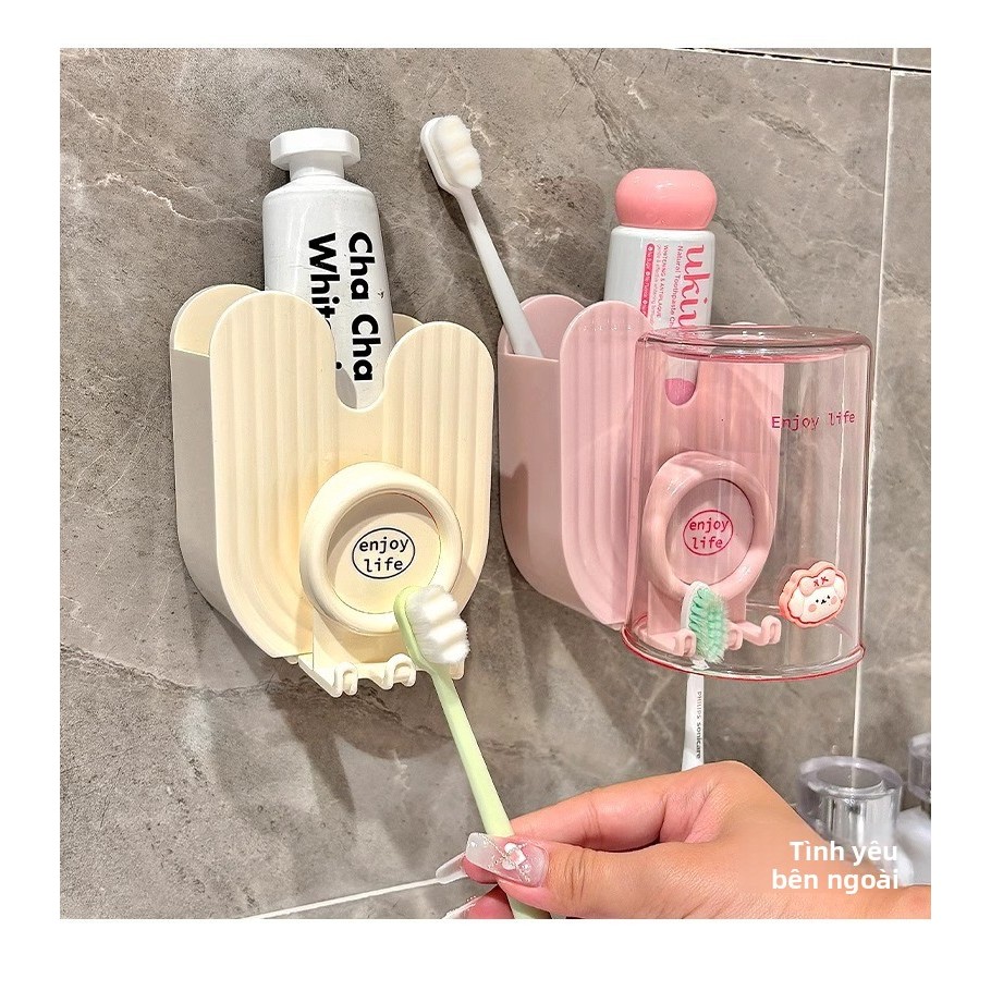 Bàn chải treo tường phòng, cốc nước súc miệng, giá đựng kem đánh răng chống trượt, tiết kiệm không gian | Tường dính chắc chắn