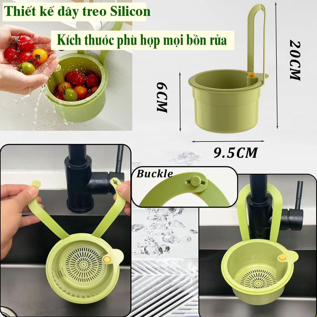 [2 Trong 1] Giỏ Treo Bồn Rửa Chén Đa Năng Có Lỗ Thoát Nước, Rổ Lọc Rác Tích Hợp Nút Nhấn Đổ Thức Ăn Thừa Tiện Lợi
