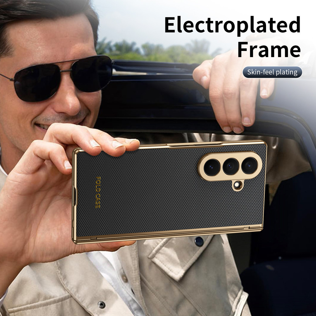 Ốp điện thoại viền vàng da có màng thép cho Samsung Galaxy Z Fold 7 6 5 4 3 Fold6 Bản lề Bảo vệ chống sốc