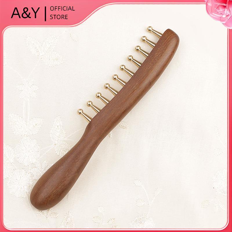 Lược mát xa bằng đồng & gỗ 10 tầng A & Y dành cho kinh tuyến và thư giãn Gỗ đàn hương vàng cạo Guasha Tay cầm dài.