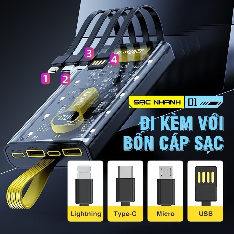Pin dự phòng 50000mAh sạc nhanh 22.5W trong suốt kèm 4 dây sạc tiện lợi đèn LED chiếu sáng