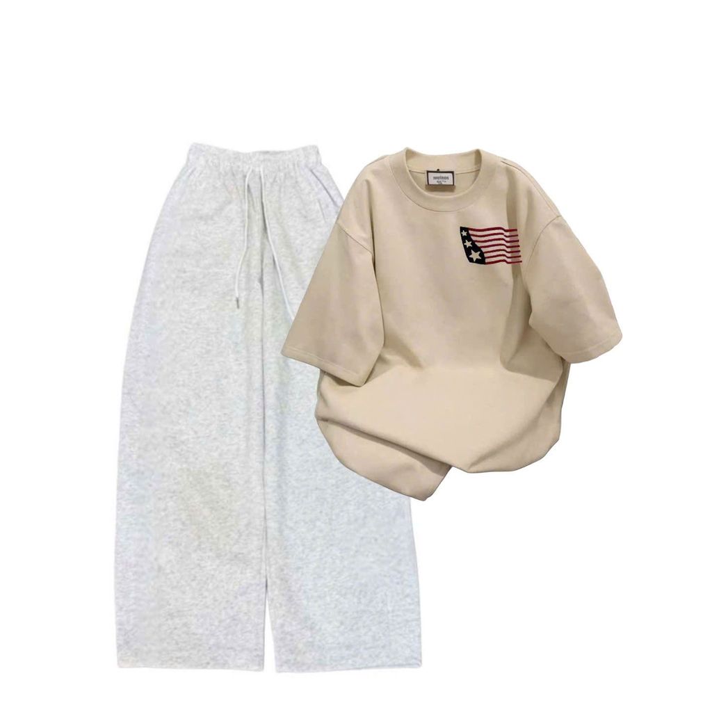 sét bộ quần dài  da cá xám đậm trơn + mix áo phông form rộng lá cờ mỹ chất vải cotton su