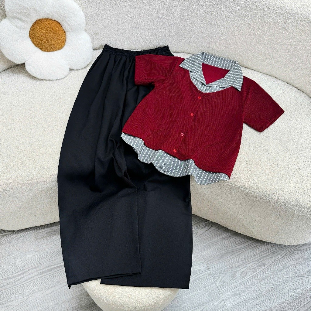 Set Đồ Bigsize Nữ  Áo Nút Trước Phối Cổ Sơ Mi + Quần Suông Che Bụng A338+Q558