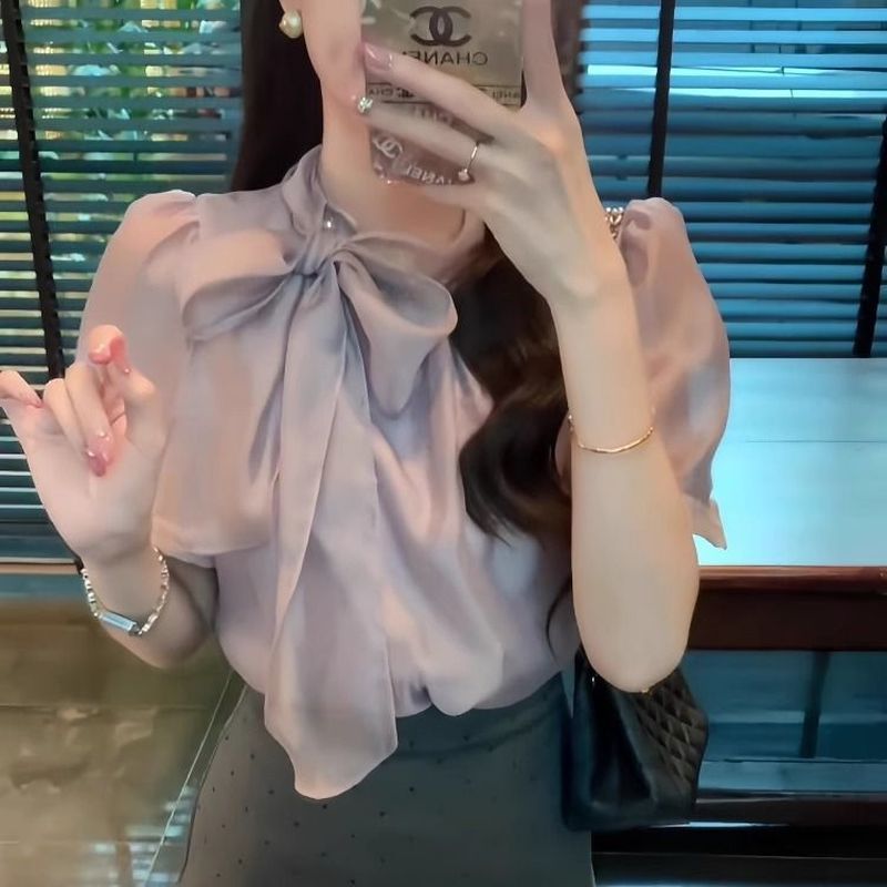 Thắt Nơ Cổ Áo Sơ Mi Voan Nữ Mùa Hè Tinh Tế Đẹp Tay Ngắn Nhỏ Trên Váy Phù Hợp Với