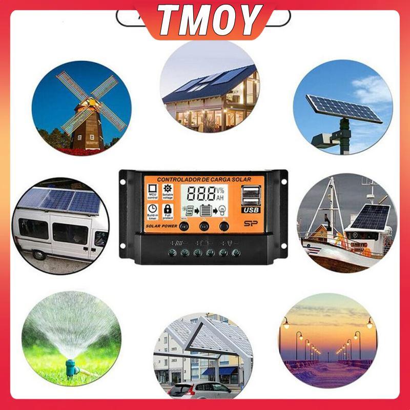 TMOY LCD Bộ điều khiển năng lượng mặt trời 12V / 24V 30A 20A 10A Bộ điều chỉnh sạc năng lượng mặt trời Bộ sạc pin PWM Màn hình LCD USB kép 5V 2.5A Đầu ra MOS TMOY