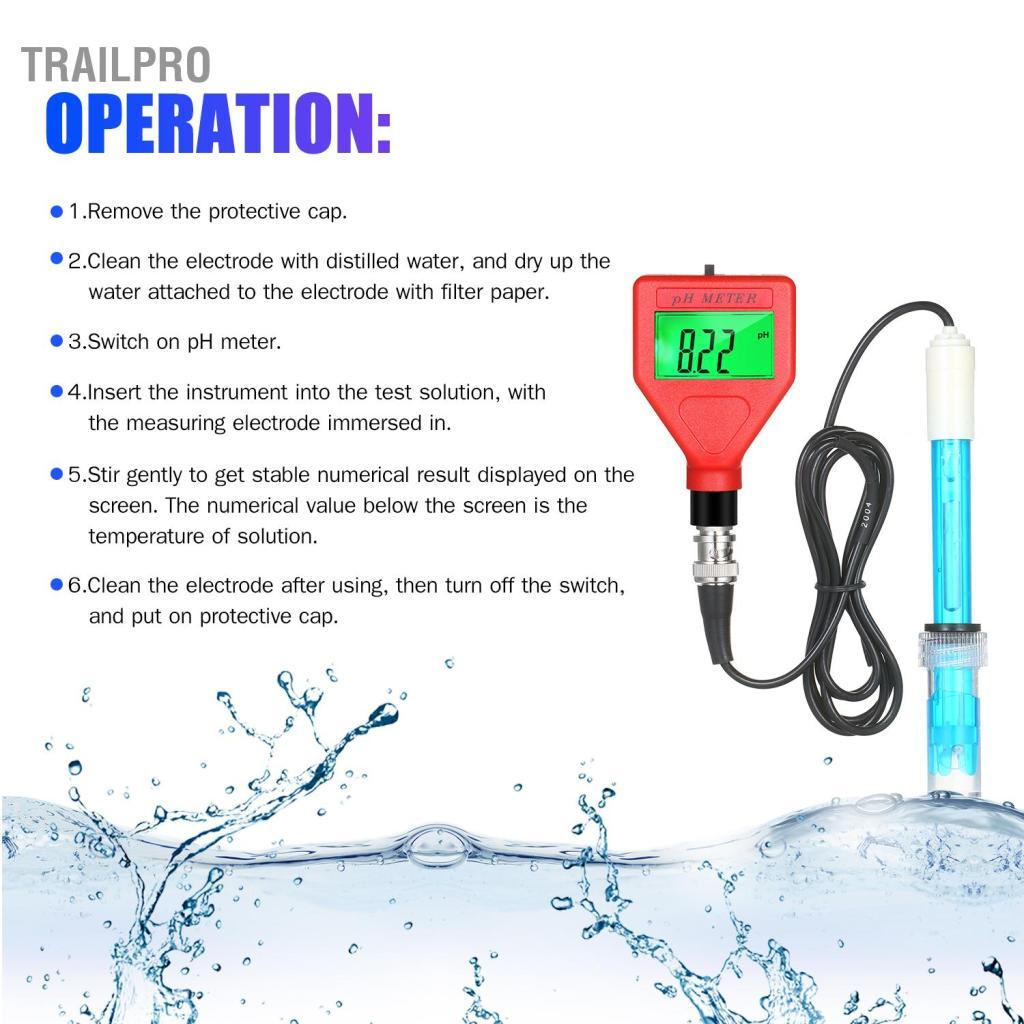 TrailPro Máy đo pH 0-14pH Phạm vi đo Máy kiểm tra chất lượng nước Màn hình LCD 1,5 inch Bút PH có đèn nền màu xanh lá cây để pha nước sốt thực phẩm Phòng thí nghiệm nuôi trồng thủy sản