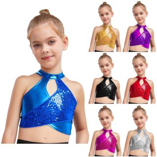 Yhong Trẻ Em Bé Gái Jazz Latin Phòng Bóng Khiêu Vũ Trang Phục Cross Keyhole Lấp Lánh Kim Loại Crop Top Dancewear