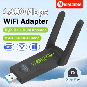 Card mạng không dây băng tần kép 2.4G + 5G 1800M USB3.0 Bộ chuyển đổi WiFi Trình điều khiển Bộ thu WiFi miễn phí Dongle cho PC Laptop