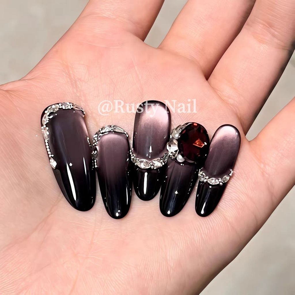 Yaoye Elf Ngọt Cay Nhấp Nháy Tím Mắt Mèo Handmade Đeo Móng Tay Cao Cấp Ánh Sáng Sang Trọng Dài Làm Móng Miếng Dán