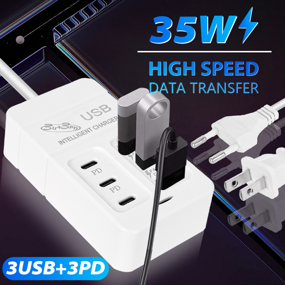 Sạc nhanh 35W 6 cổng đa thiết bị gia đình phích EU Công suất 35W،EU،Cắm nhiều thiết bị cùng lúc،Tương thích đa thiết bị