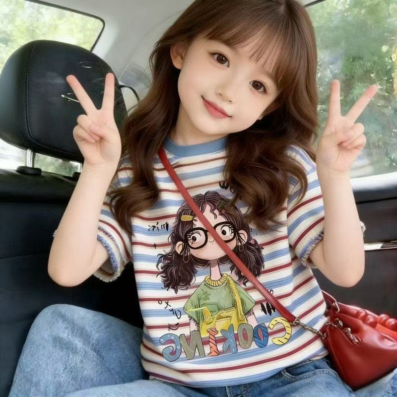 Áo thun sọc hoạt hình bé gái Mùa hè Phong cách mới Phong cách mỏng Áo thời trang 80-160 Size JZK