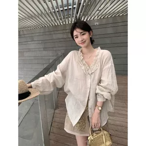 Áo sơ mi nữ cổ chữ V phong cách nhẹ nhàng kiểu Pháp, chất liệu mỏng mát, phù hợp mùa hè