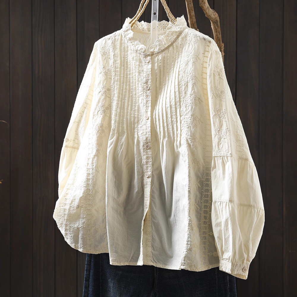 Áo sơ mi nữ Standing Collar màu be và xanh, ren thêu, họa tiết xếp ly từ nhãn hiệu uy tín, made from pure cotton