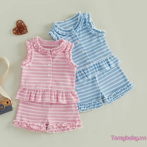 2 Bộ trang phục mùa hè cho bé gái Áo xếp nếp in hình sọc không tay + Quần short