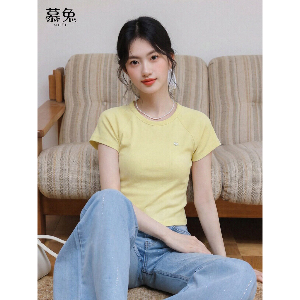 Mutu Áo Sơ Mi Vàng Ngọt Ngào Vai Ngắn Cho Nữ, Slim-Fit Ôm Body, Thích Hợp Mùa Hè