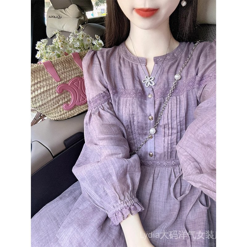 Váy dài trà nữ phong cách phương Tây màu tím, chất liệu mềm mại, phù hợp mặc mùa hè