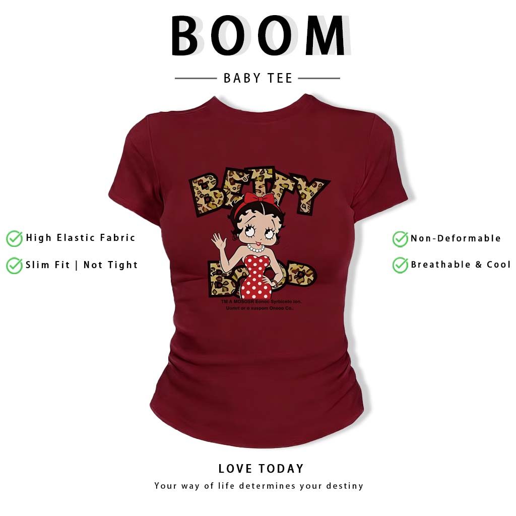 BOOM Áo Baby Tee Nữ Cotton Ôm Body-Áo Thun Ngắn Tay Y2K In Hình PhongCách Mùa Hè, Cổ Tròn Hàng Đầucách hàn quốc phongW31
