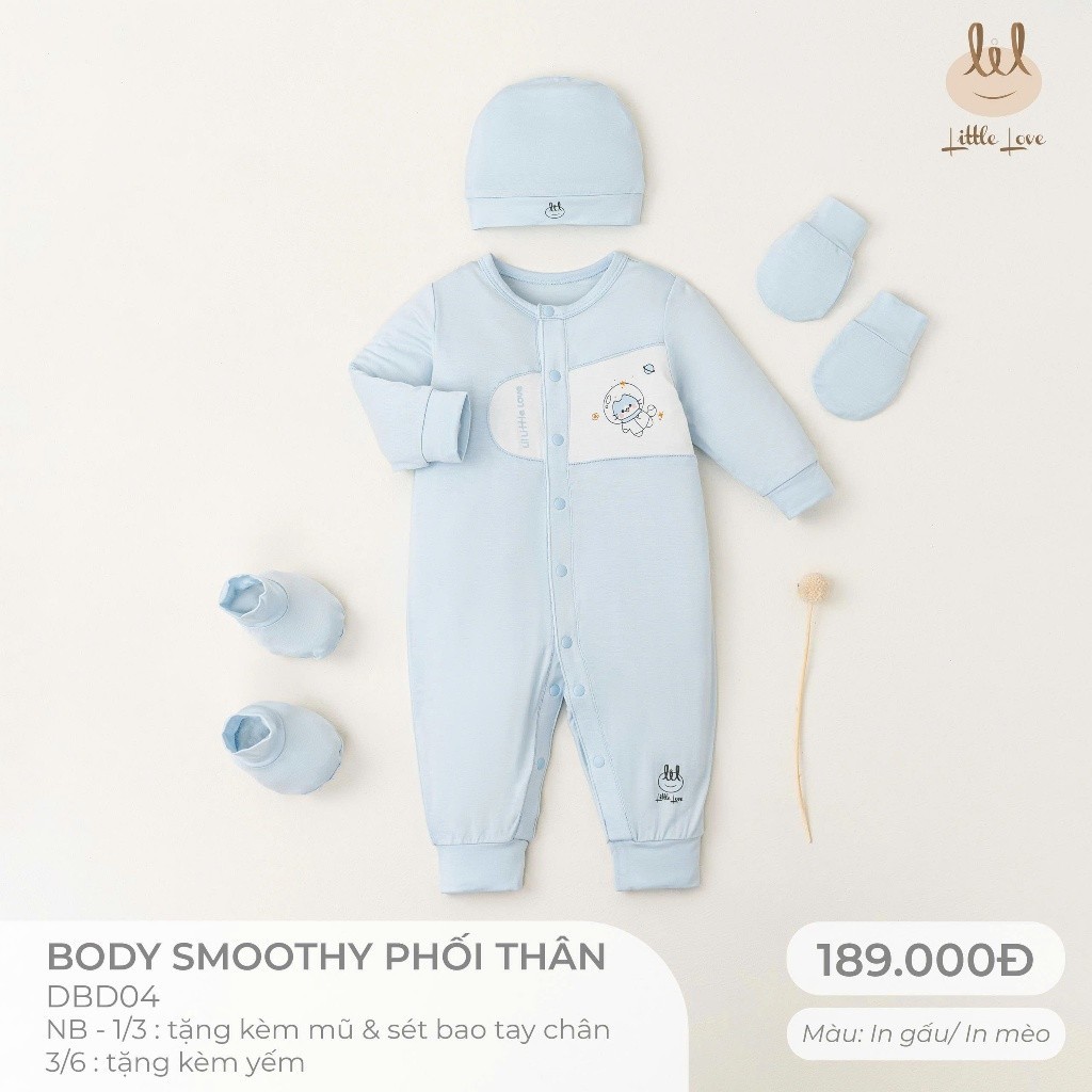 Bộ body sơ sinh [ Vải mềm, mát, co dãn thấm hút tốt] Lil Little Love (DBD04) tặng kèm mũ, bao tay chân Hoặc yếm sơ sinh