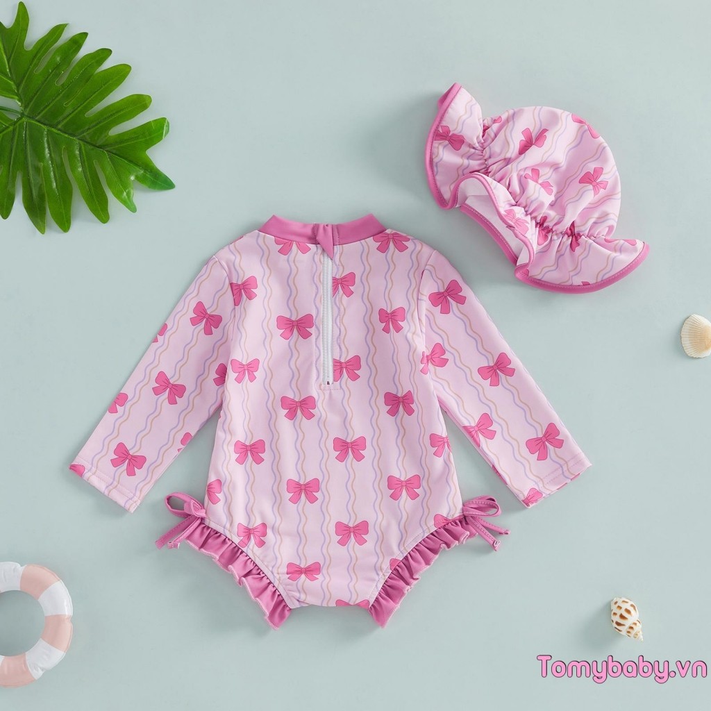 Đồ bơi bé gái dài tay in nơ có mũ để tắm mùa hè