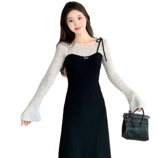 Đầm Dài Tay Dệt Kim Giả Hai Mảnh Kích Cỡ Lớn Đầm Màu Sắc Khối Cho Phụ Nữ Đầm Giảm Cân Mùa Thu