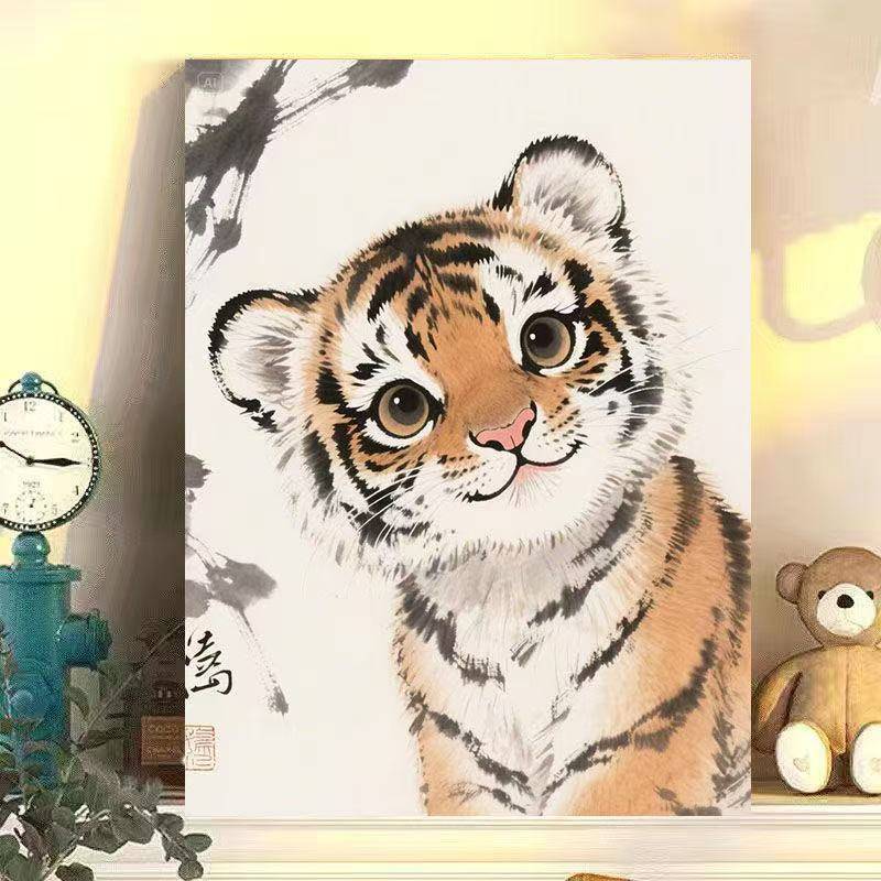 Tranh canvas trang trí phong cách rửa mực siêu dễ thương của loạt động vật như hổ nhỏ, gấu trúc khổng lồ và voi em bé, với sự rung cảm chữa bệnh
