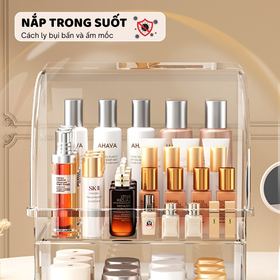 Hộp Nhựa Trong Suốt ENODA HOME Đựng Mỹ Phẩm Để Bàn, Tủ Kệ Đựng Đồ Makeup Trang Điểm Chia 2 Ngăn Chống Bụi Q060