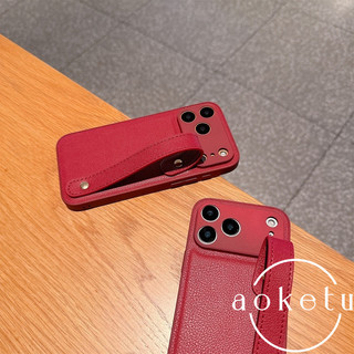 Thích hợp cho vỏ điện thoại Apple iPhone 17 Promax, dây đeo cổ tay sọc da đỏ, da sáng tạo cho mùa thu đông, bao gồm 15pro, vỏ bảo vệ sang trọng 14 / 13 / 12 / 11