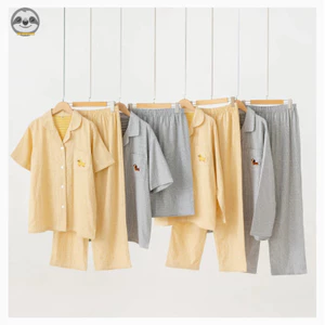 Bộ đồ ngủ sọc cotton nguyên chất hai lớp, quần short ngắn tay, mềm mại thoải mái, mặc ngoài hoặc ở nhà