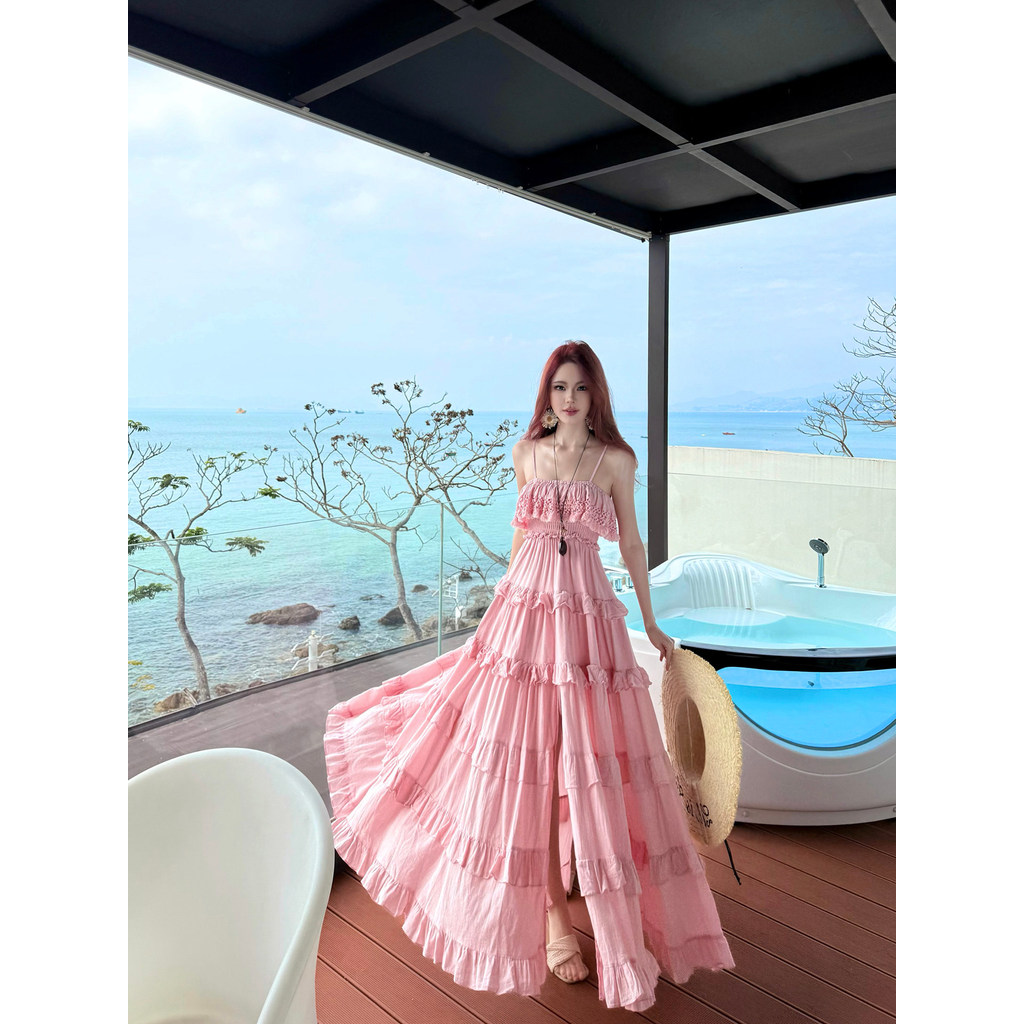Đầm maxi dài hai dây hồng Pastel kiểu Pháp | ảnh thật cuối