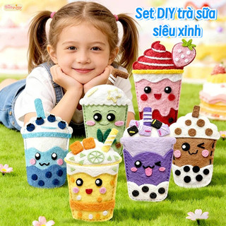【BabyJoy】Set DIY trà sữa siêu xinh,Bộ dụng cụ tự làm thêu,làm móc khóa treo túi,Kèm Len, Kim An Toàn & Phụ Kiện