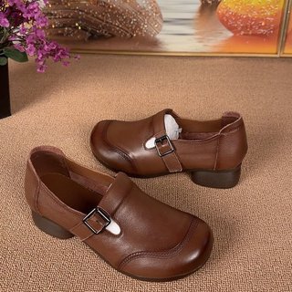 Giày đế thấp miệng sâu Giày cao su PU Giày bệt mũi tròn gót giữa (3-5cm) Gót vuông