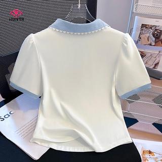 Áo thun nữ Hàn Quốc với ren màu sắc tương phản, thiết kế ngắn tay, phù hợp nhiều dịp