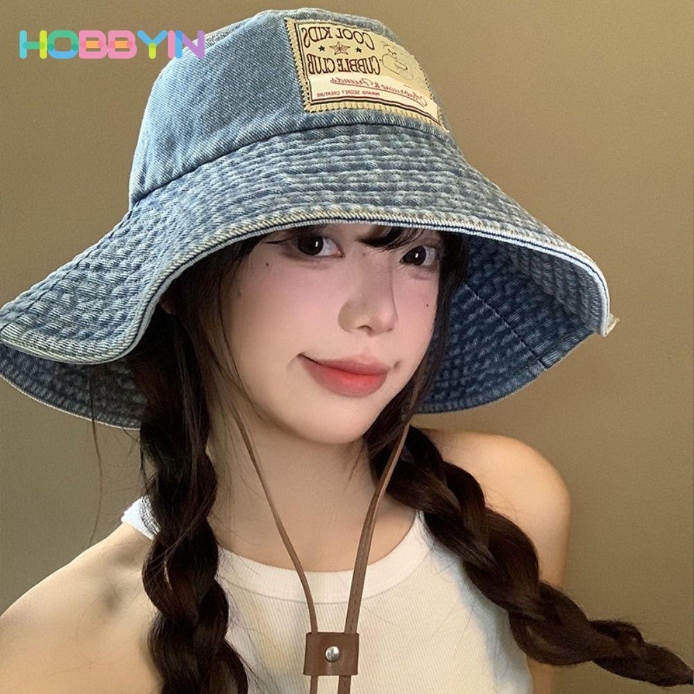 Mũ xô denim nữ HOBBYIN, chống nắng vành lớn, dây rút retro - Perfect cho mùa thu
