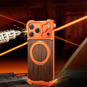 Sang Trọng Kim Loại Khung Hợp Kim Gỗ Khung Điện Thoại Cho iPhone 17 Air 16 15 Pro Max Nam Châm Xoay 360 Giá Đỡ Bao