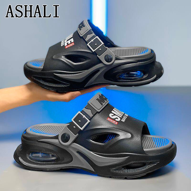 ASHALI Nam Đệm Không Khí Dép Đế Dày 5cm Đệm Không Khí Thật Tăng Chiều Cao Chống Trơn Trượt Đi Biển Dép Mùa Hè Phong Cách Mới