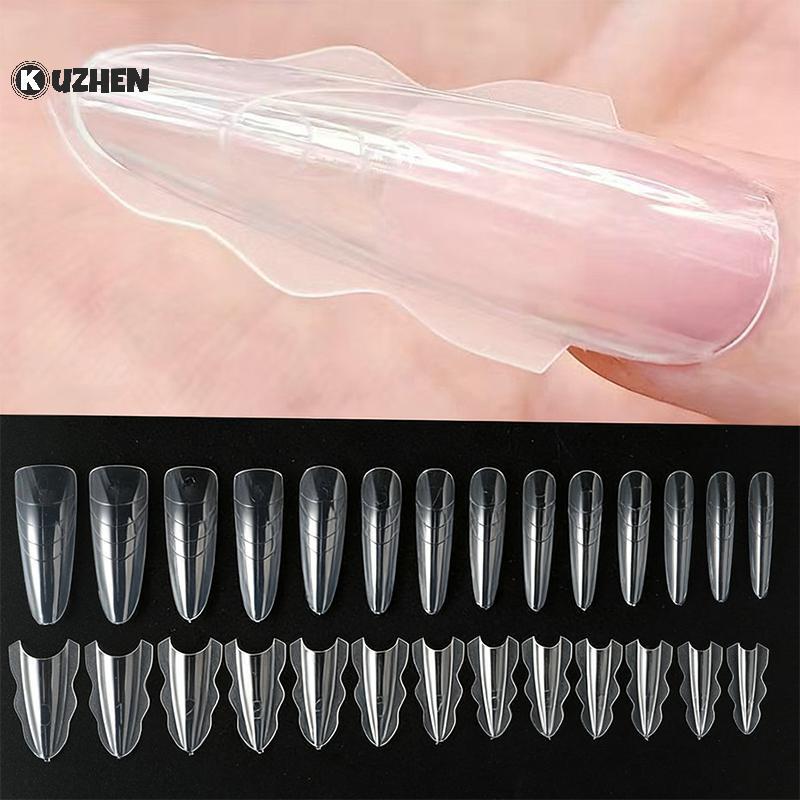 KUZHEN 60 Chiếc Sandwich Dual Nail Form Quan Tài Hạnh Nhân Móng Tay Mẫu 15 Kích Thước Có Thể Tái Sử Dụng Trên Đáy Hình Dạng Móng Tay Nghệ Thuật Nối Dài Top Khuôn Đáy Khuôn HOT